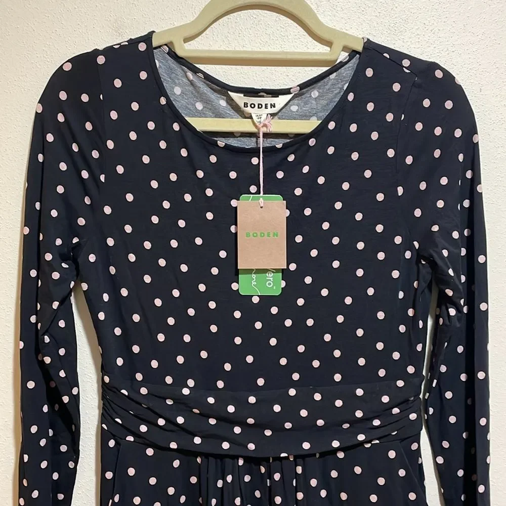 NEW Boden Abigail Jersey Dress Long Sleeve Black Milkshake Pink Spot 6 Petite